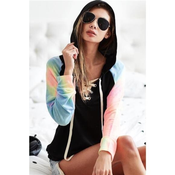 BiBi French Terry Lace Up Hoodie With Tie Dye Sleeves - Picture 15 of 16